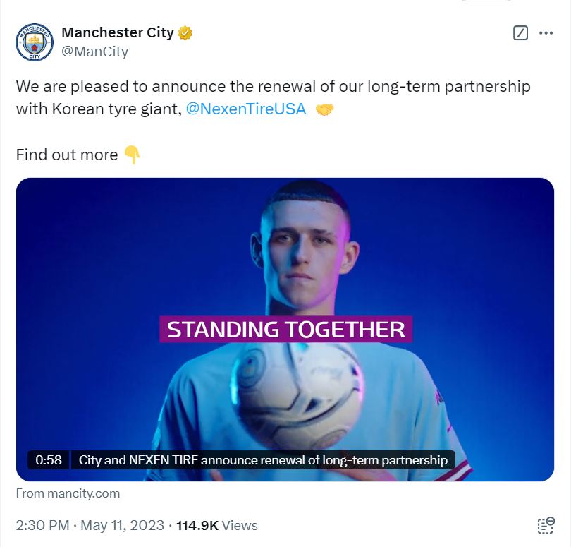 Sponsor Manchester City avec le fabricant de pneus NEXEN TIRE